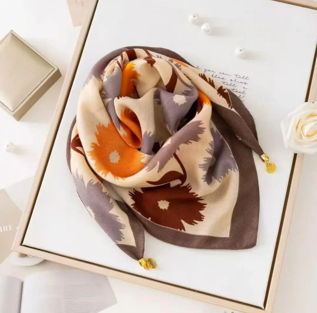 Luxury Silk Square Scarf - Magnetic Buckle & Print