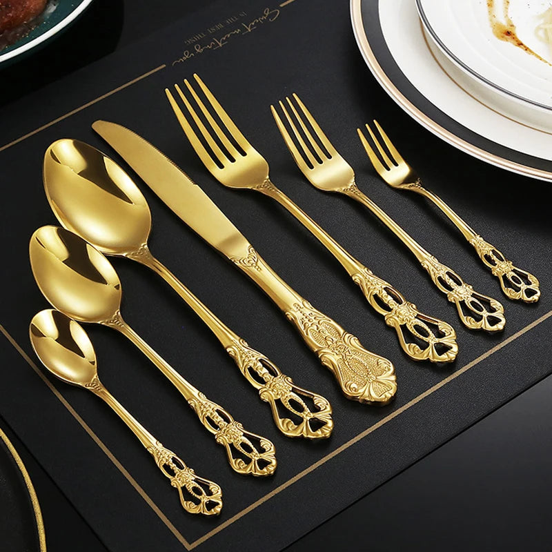 European relief flatware set - elegant stainless steel tableware in gold and silver