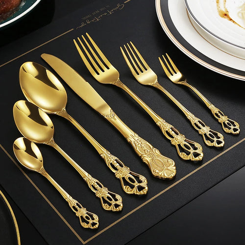 European relief flatware set - elegant stainless steel tableware in gold and silver