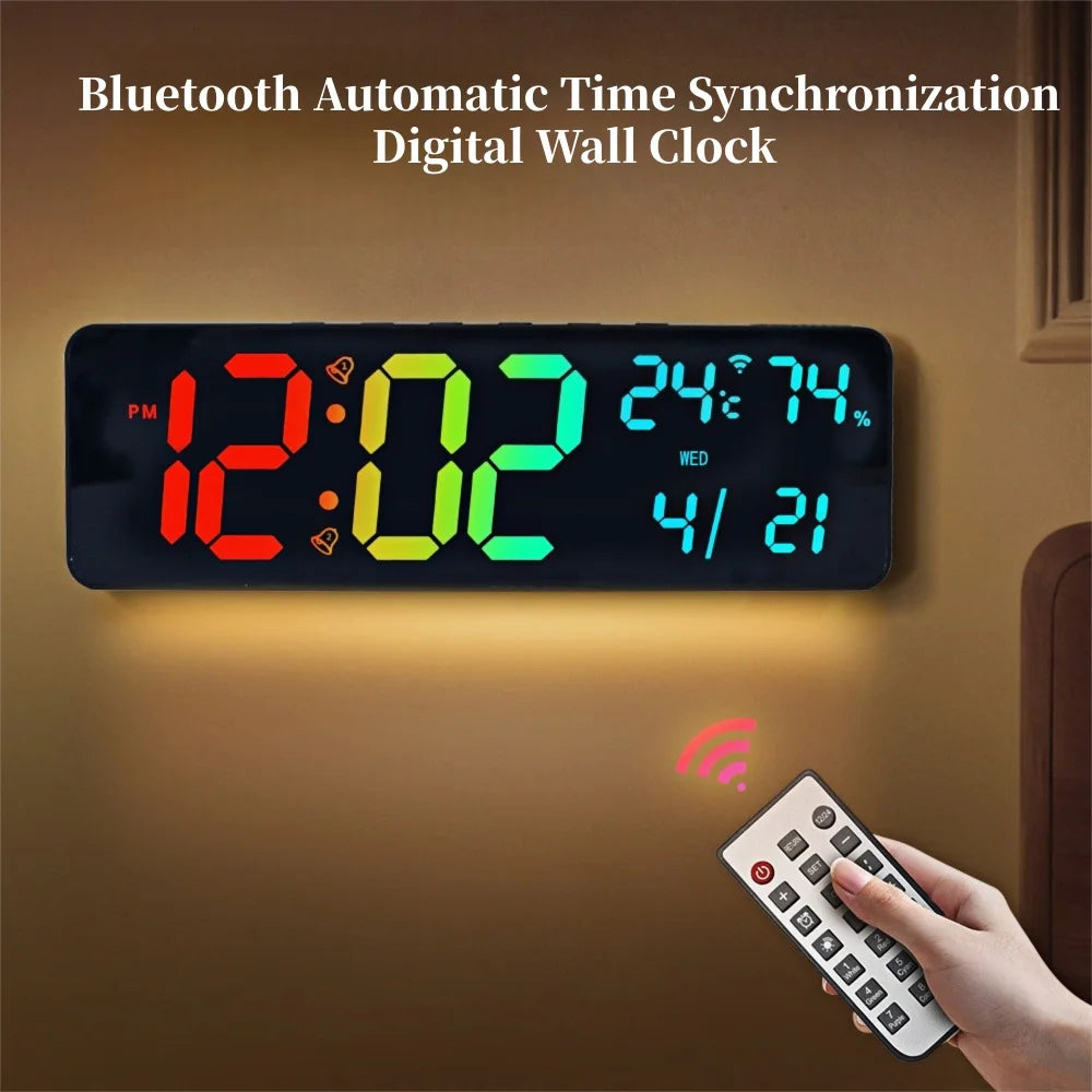 Large RGB Digital Clock - 14-inch display with temperature, humidity, and date in a modern living room setting