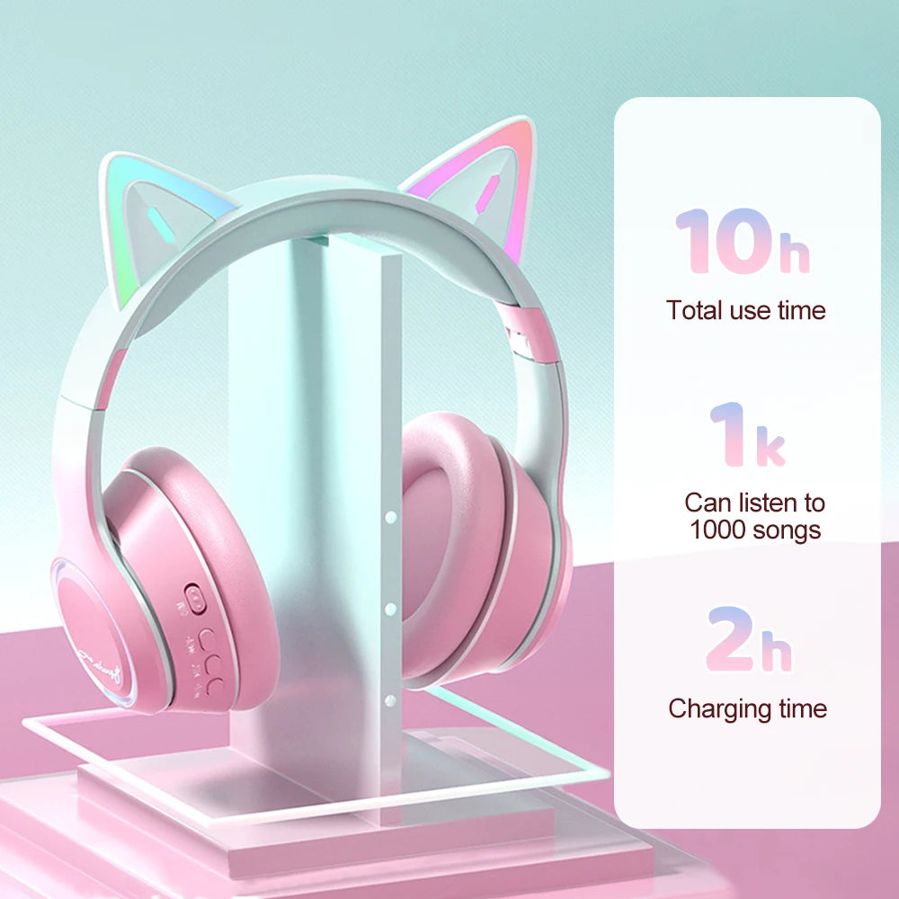 Premium RGB Cat Ear Headphones - Wireless Bluetooth 5.3 & Mic