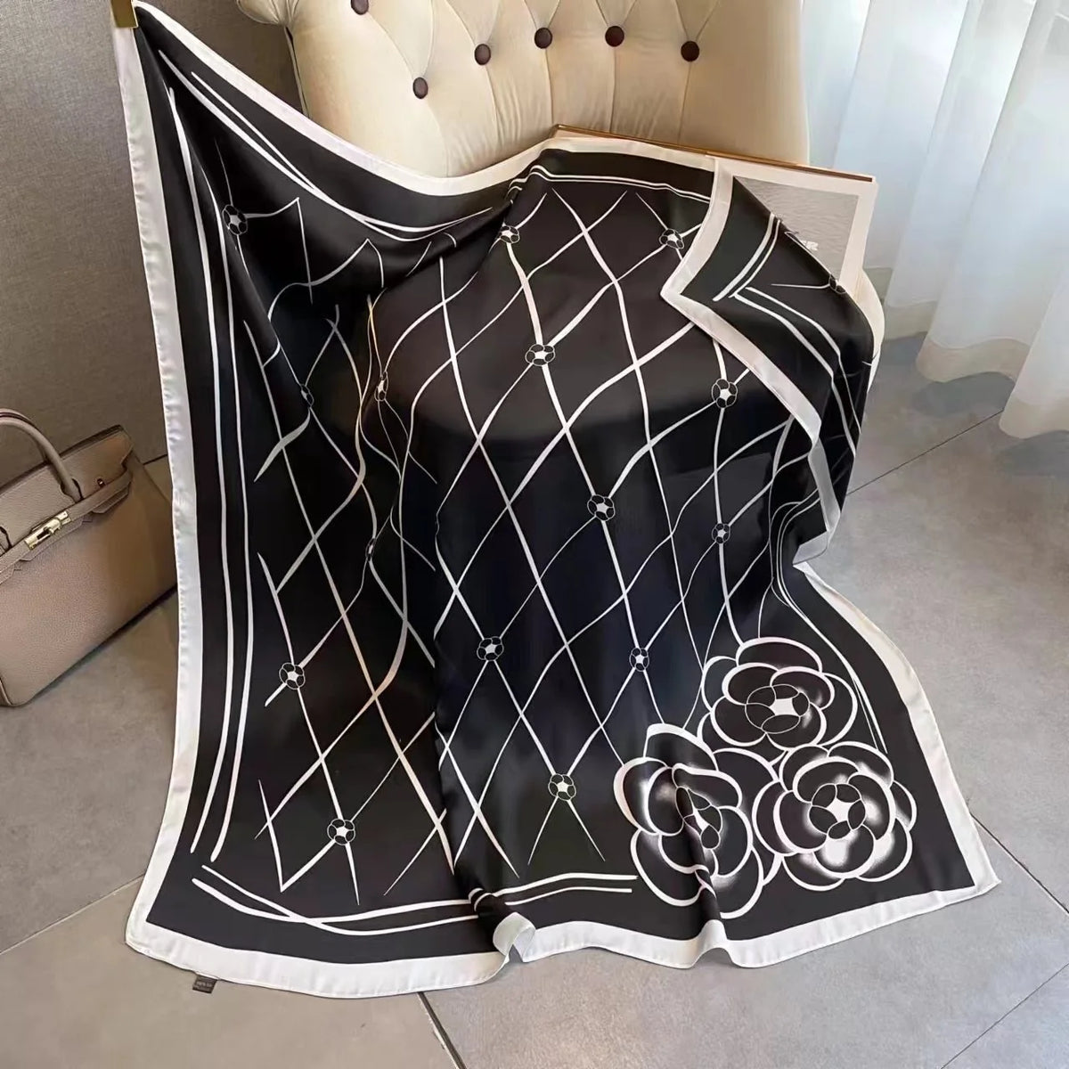 Luxury Horse Print Square Scarf - Vintage Silk Feel Shawl