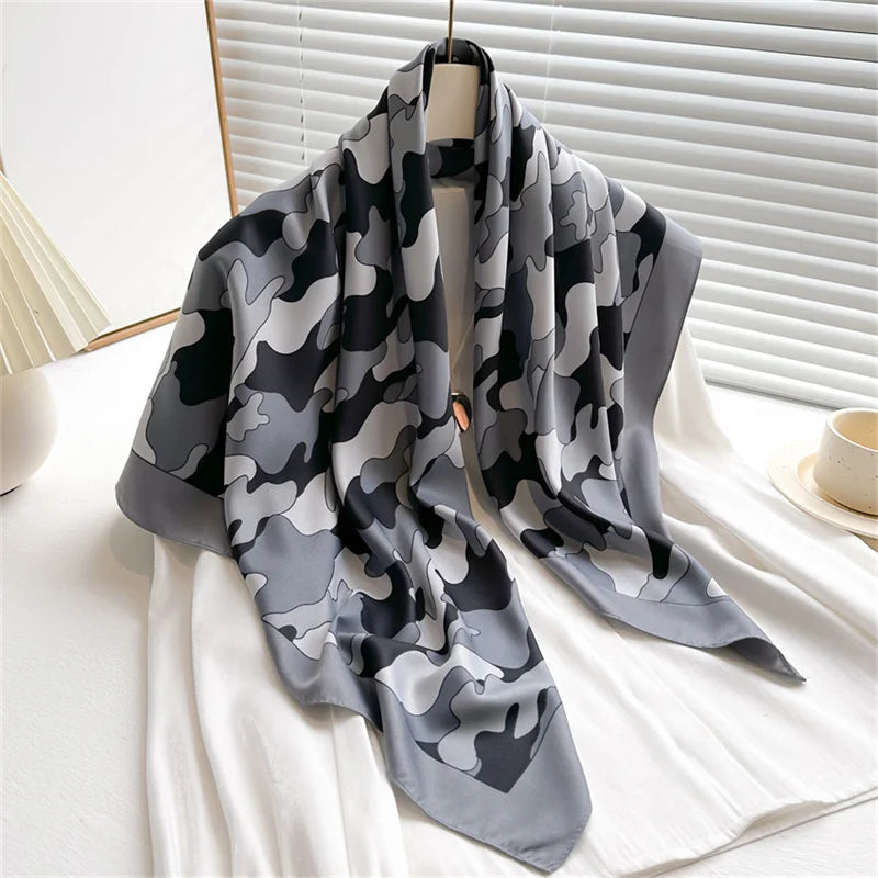 Luxury Square Silk Scarf - Elegant Tree Print Neck Shawl
