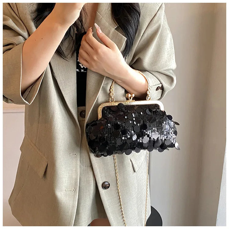 Elegant Sequins Evening Clutch Bag - Bling Chain Strap