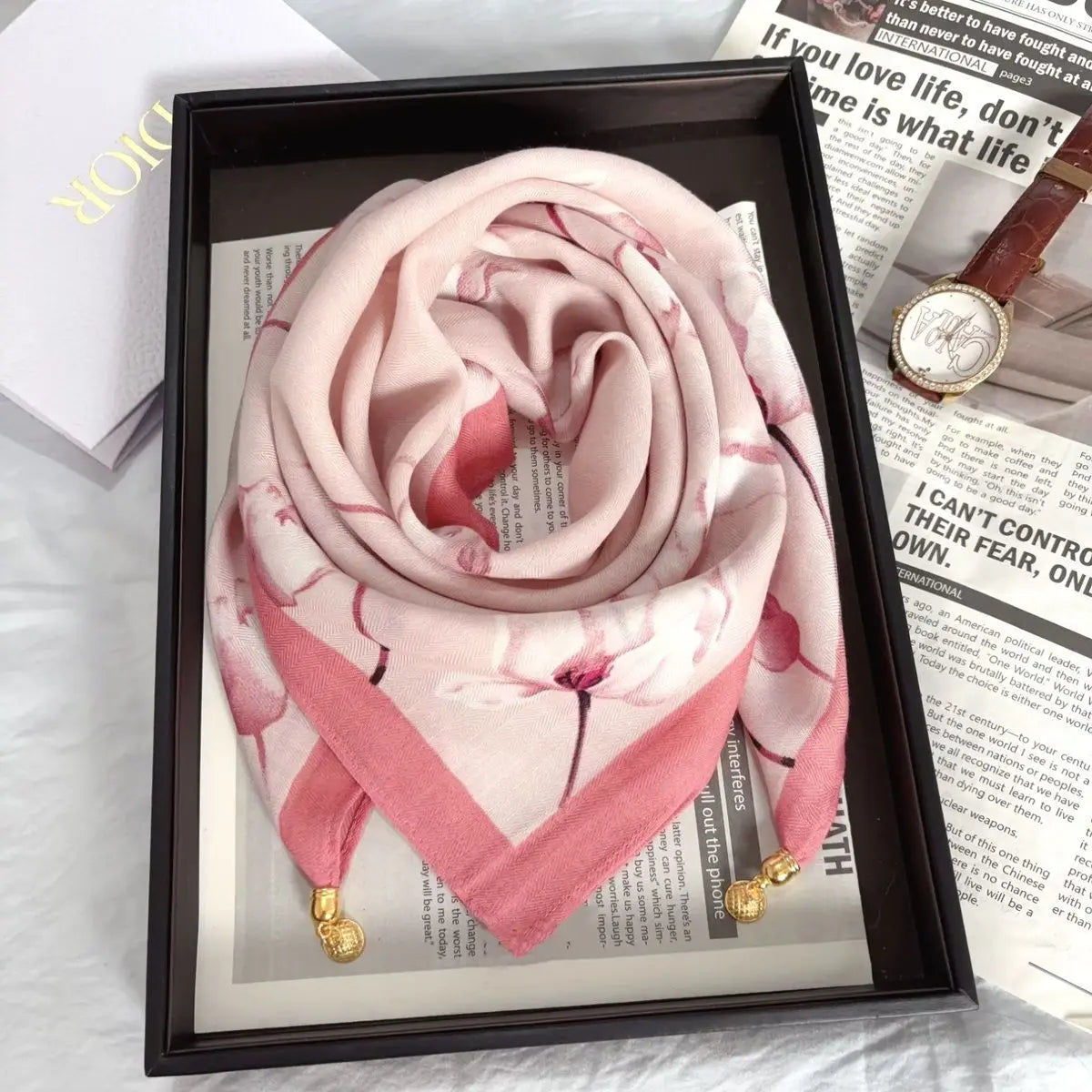 Luxury Silk Square Scarf - Magnetic Buckle & Print