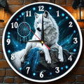 White wolf dreamcatcher clock - elegant wooden wall clock with white wolf and dreamcatcher design