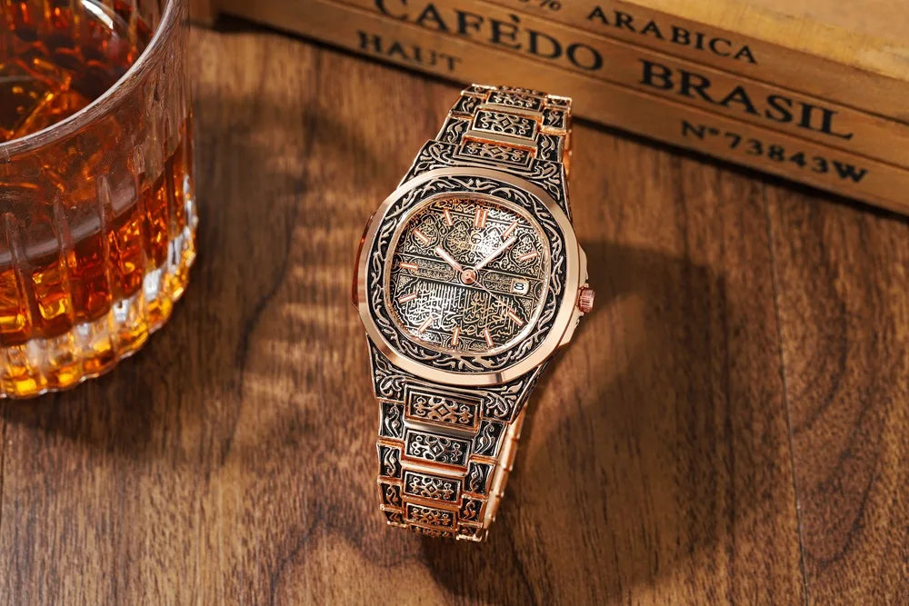 Elegant Men's Quartz Wristwatch - Embossed Stainless Steel