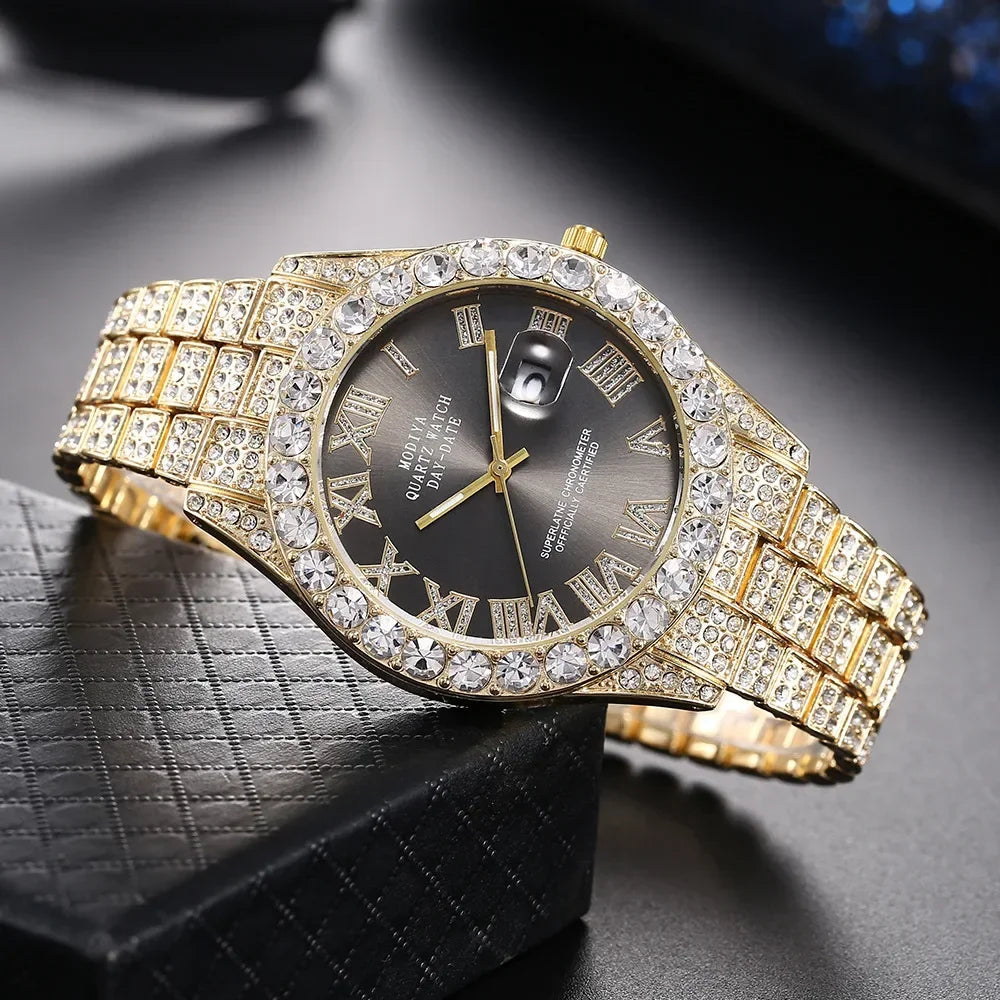 Luxury Gold Quartz Watch - Diamond Rhinestone Calendar