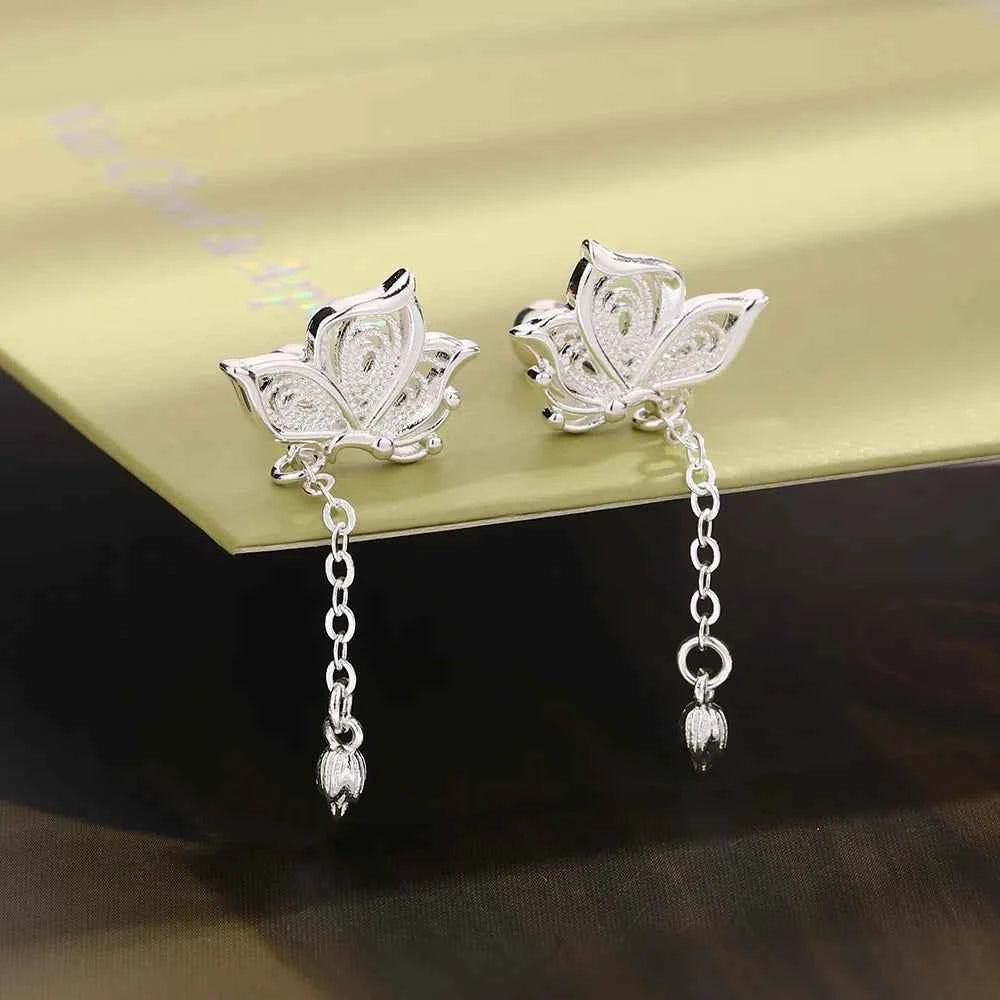 Luxury Sterling Silver Hollow Butterfly Stud Earrings
