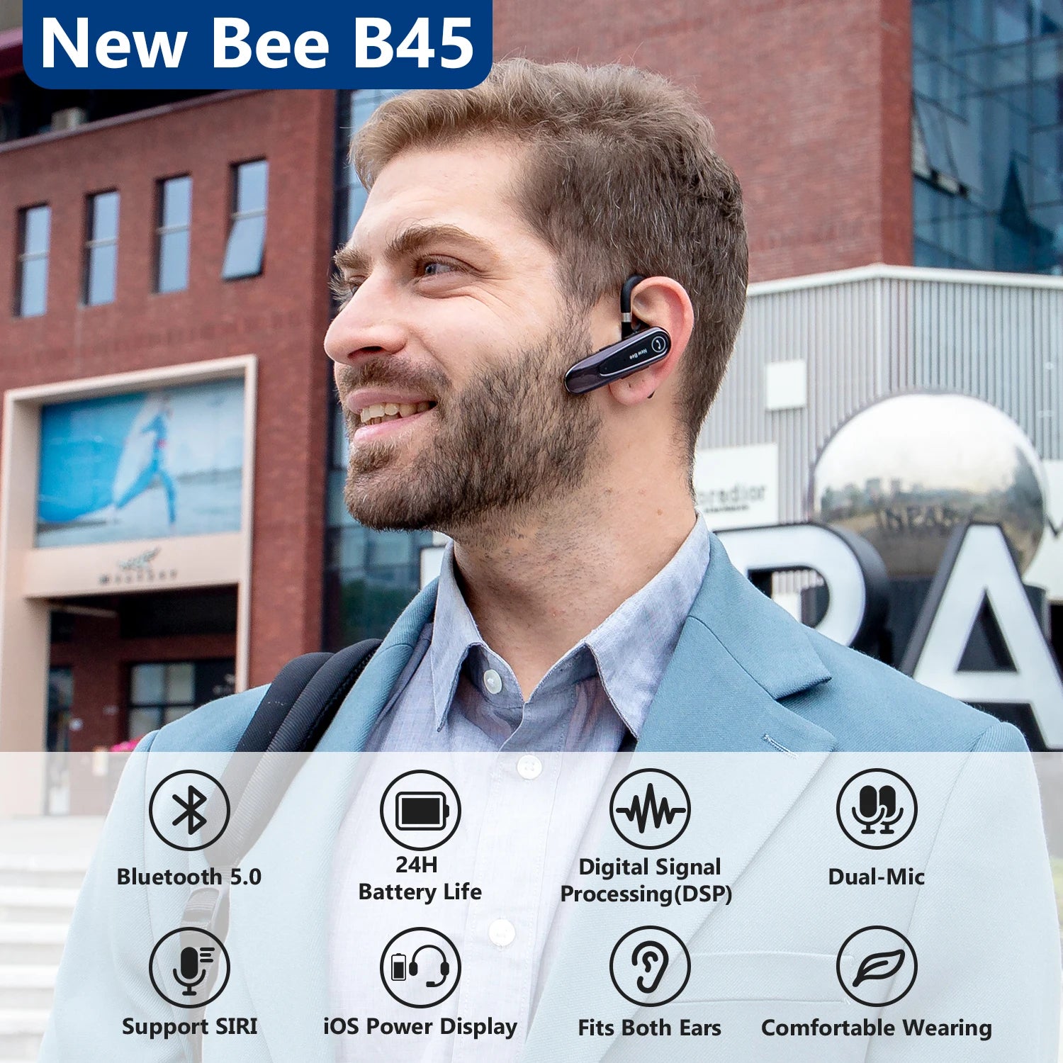 Premium Bluetooth 5.0 Headset with Dual Mic CVC8.0 Noise Reduction