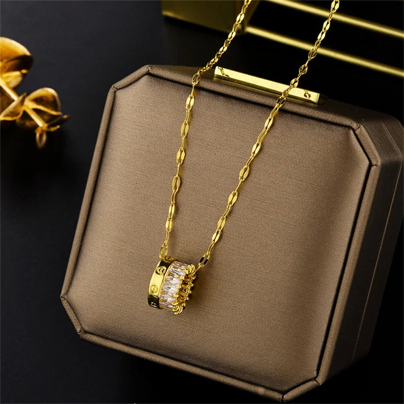 Elegant Zircon Crystal Necklace - Stainless Steel Clavicle Chain