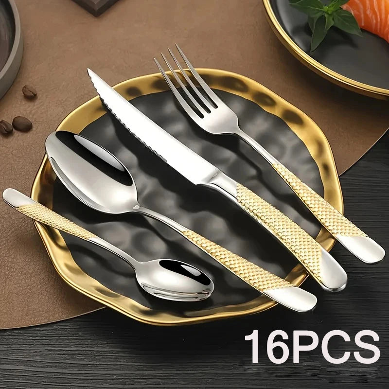Premium Hammered Flatware Set - Golden Silvery Stainless Steel