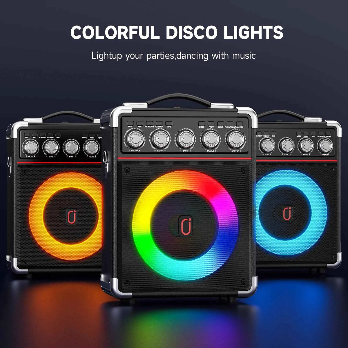 Portable Bluetooth Speaker with 2 Microphones & LED Lights