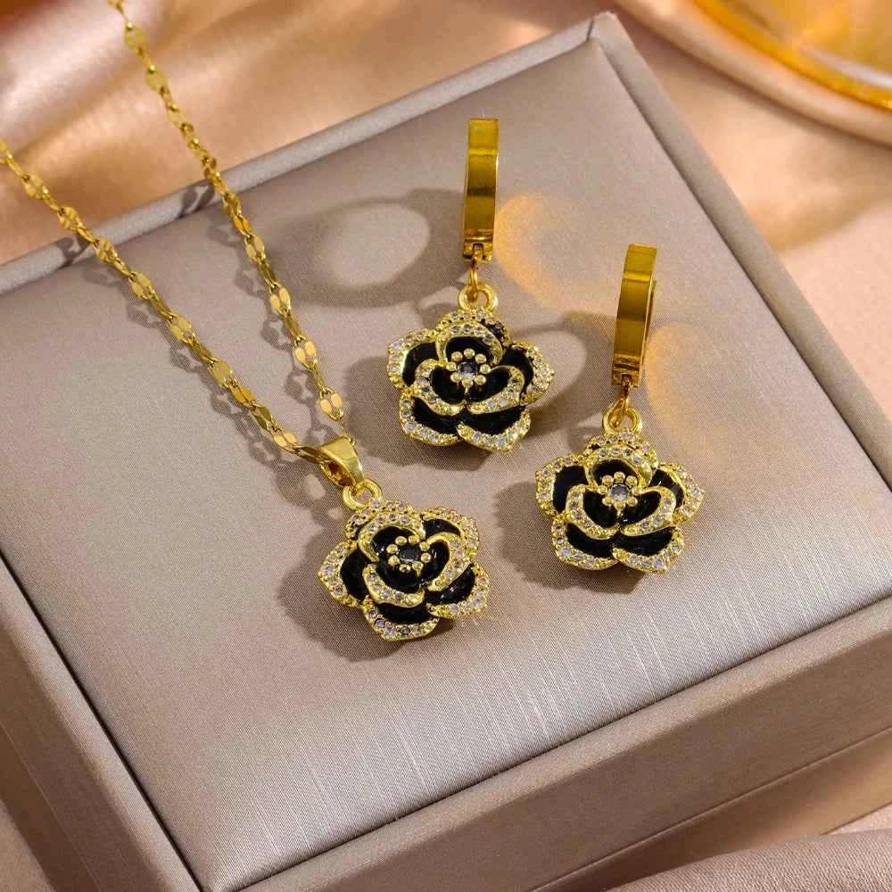 Luxury 18K Gold Plated Black Rose Jewelry Set