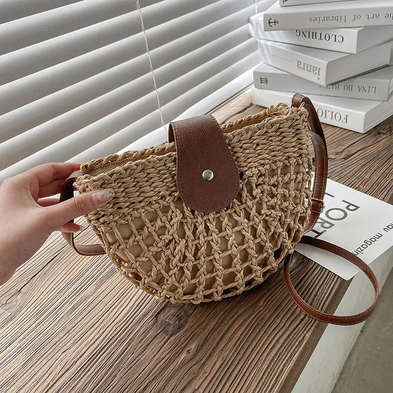 Elegant Straw Semicircle Bag - Chic Summer Crossbody
