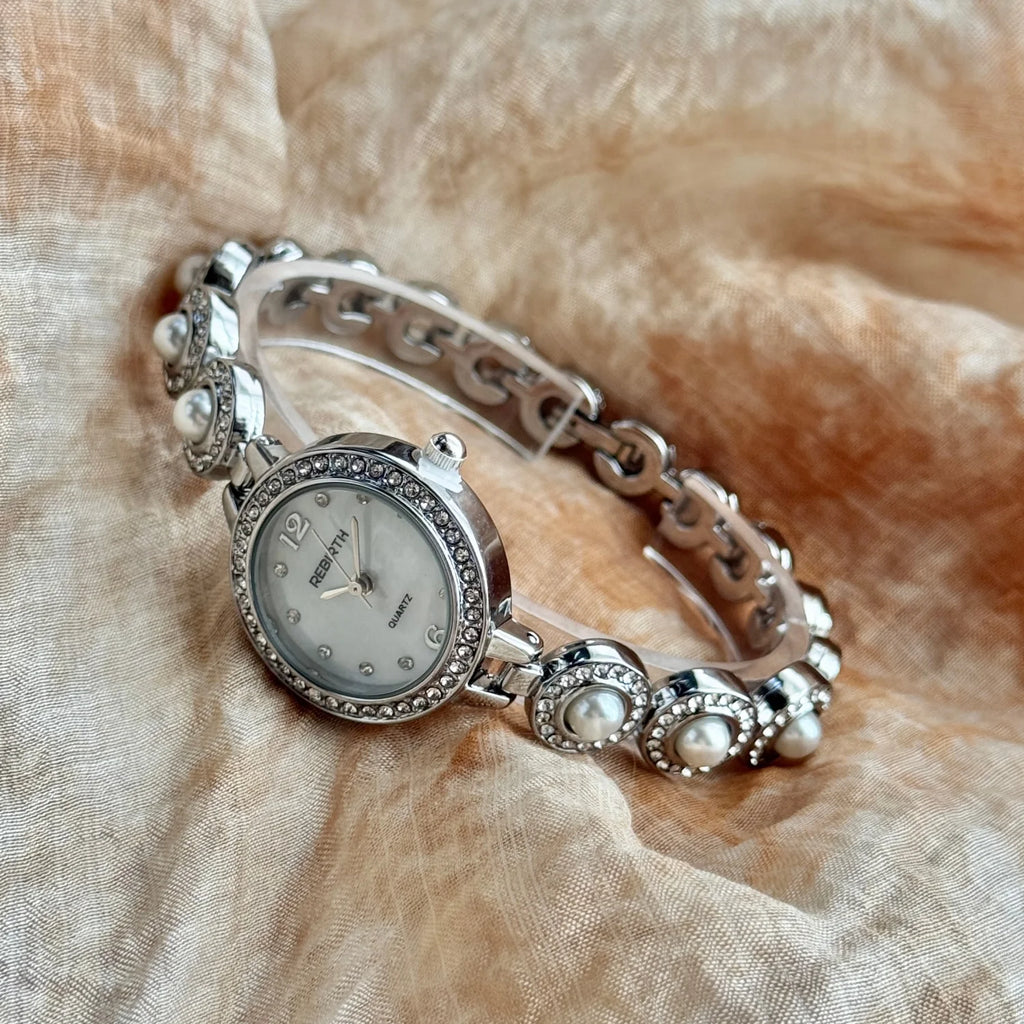 Pearl bracelet women's watch - elegant gold-toned with diamond quartz details