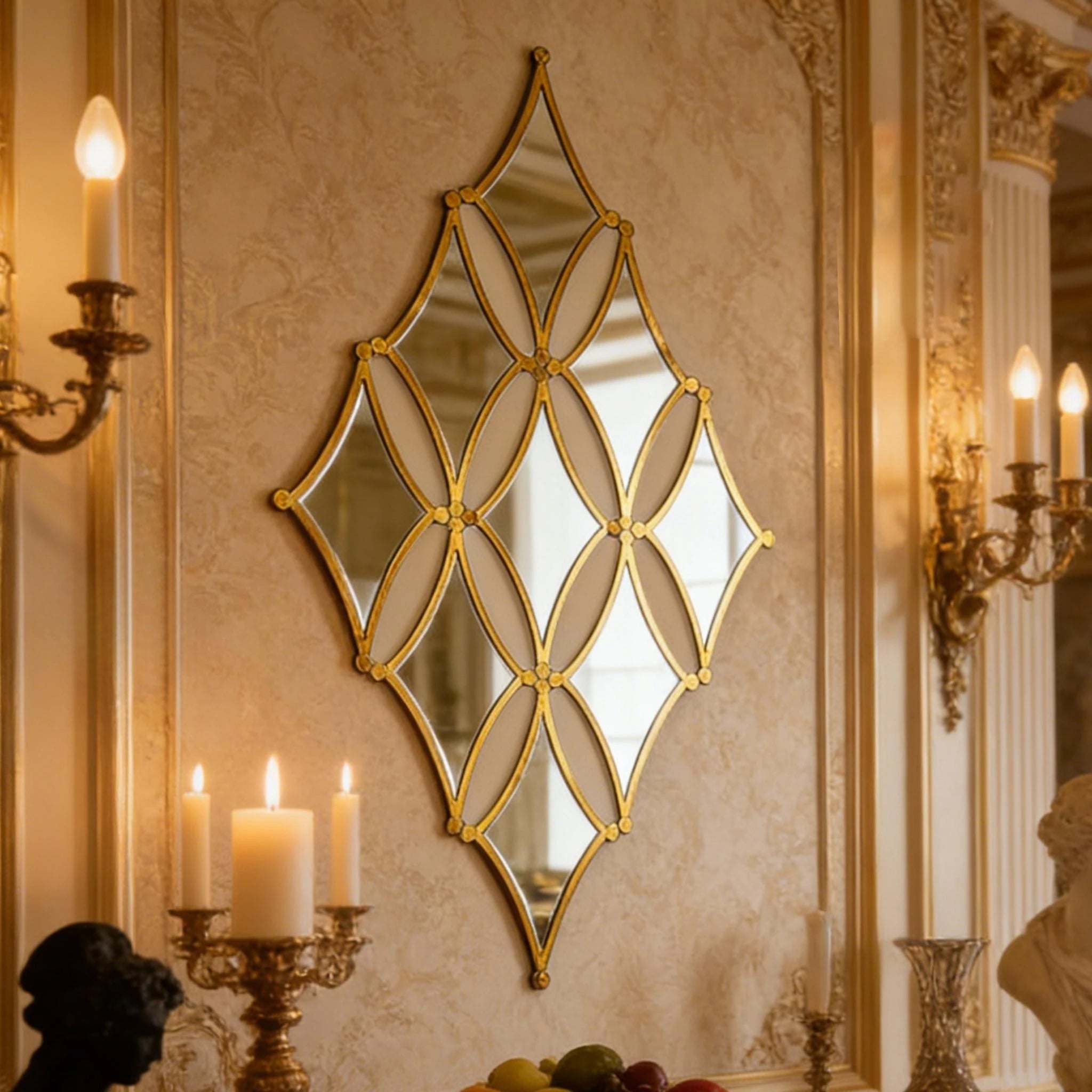 Golden Acrylic Wall Mirror - 9pcs French style decor set on a background wall