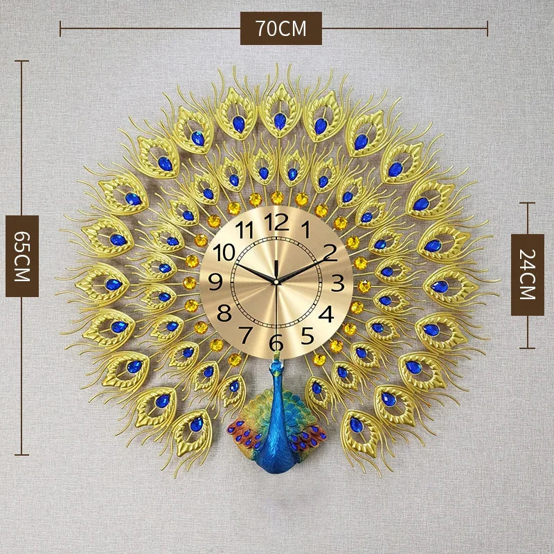 Elegant Vintage Metal Wall Clock - Large Peacock Design
