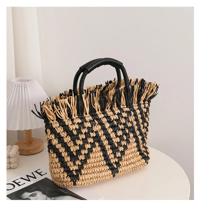 Elegant Straw Beach Tote - Tassel Accent