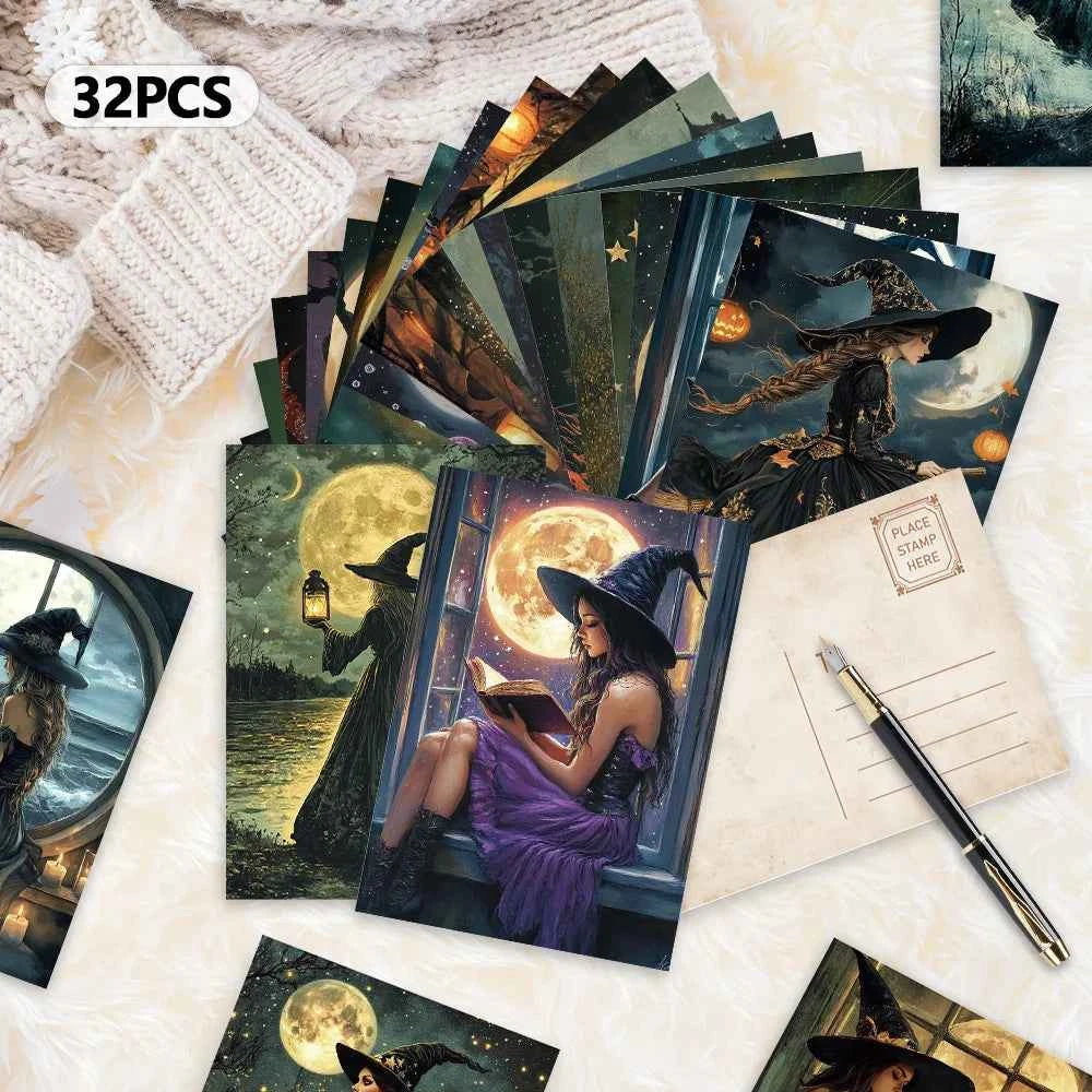 32pcs, Halloween Witch Postcard, Magic, Birthday/Anniversary Gift, Collectible, Suitable for Gifting, Mailable.