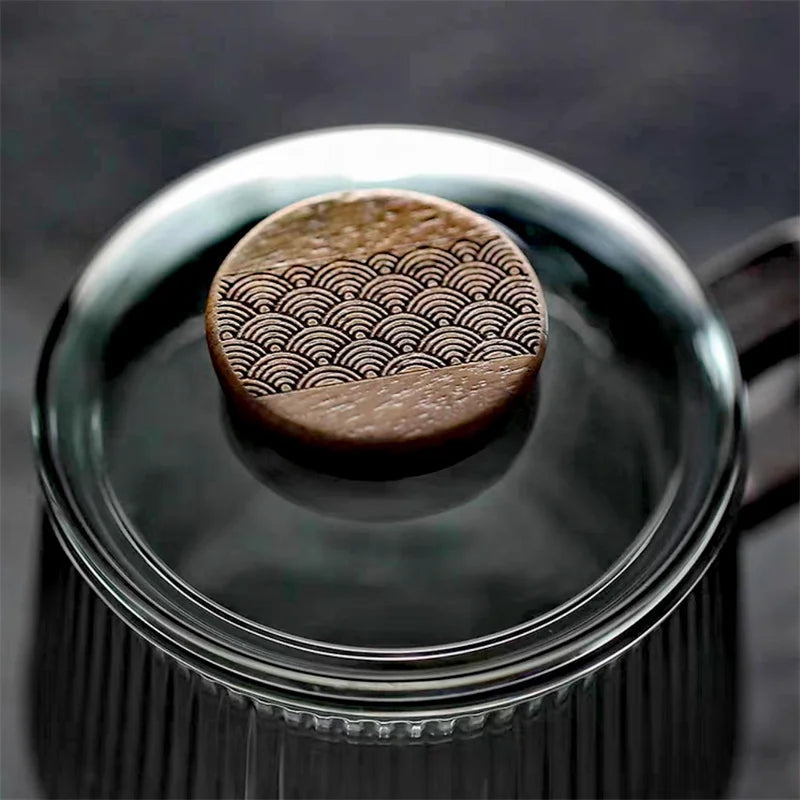 Premium Striped Glass Tea Mug - Wooden Handle & Separator