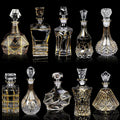Crystal Wine Decanter - Elegant clear crystal glass decanter with a delicate gold line detail, showcasing red wine.