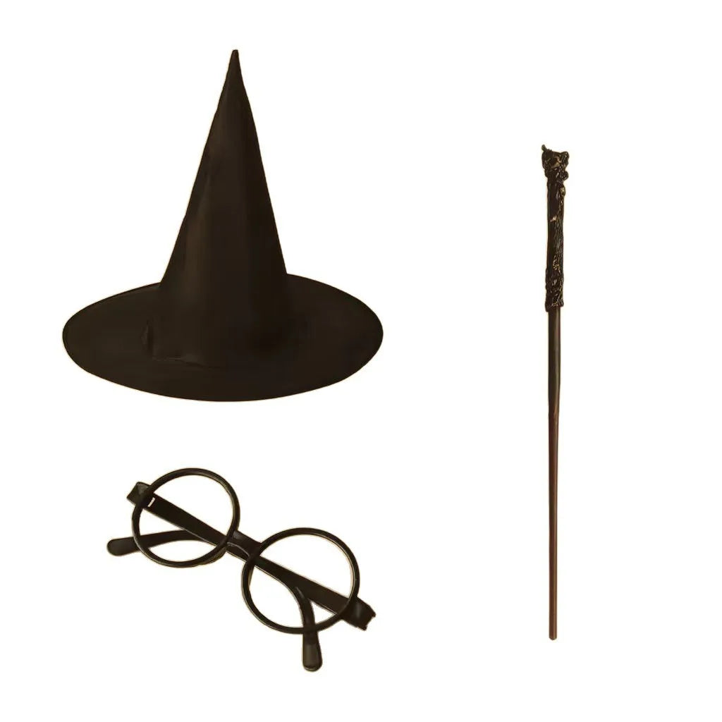 Wizard Costume Accessory Set - Black Witch Hat & Wand