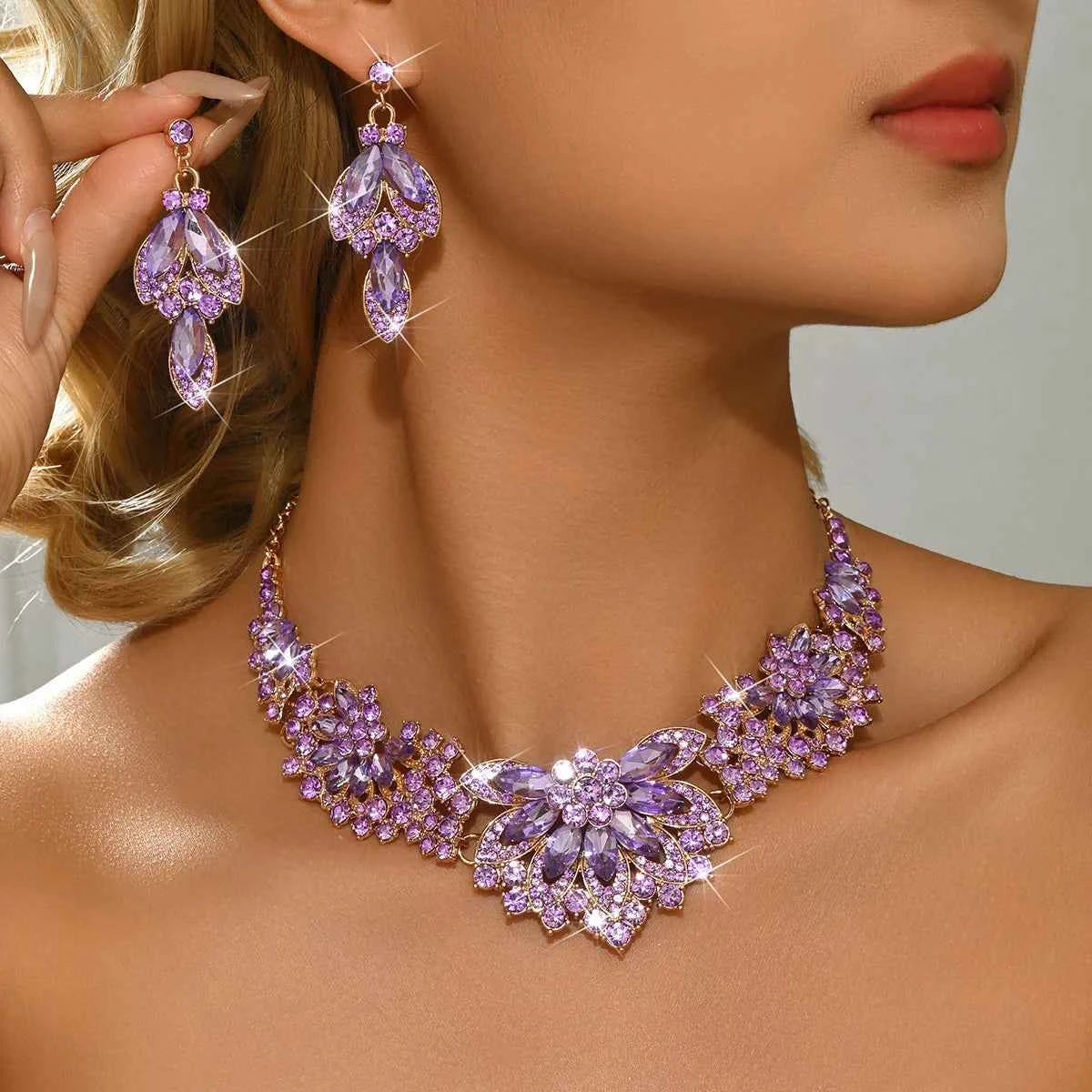 Luxury Purple Crystal Jewelry Set - Gold Rhinestone Necklace & Earrings