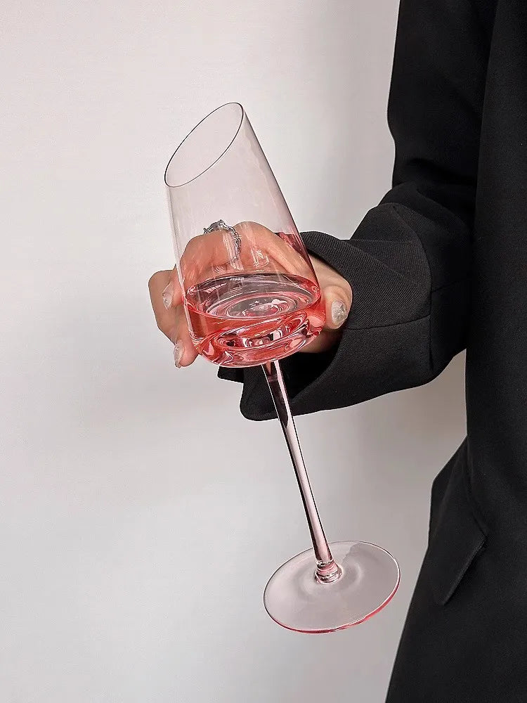 Elegant Pink Vintage Wine Glass - Slanted Mouth Design