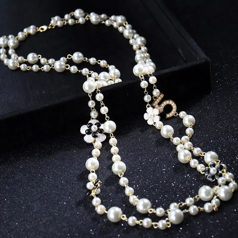 Elegant Long Pearl Necklace - Multilayer Camellia Flower Design