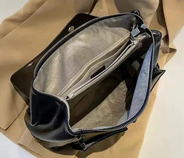 Elegant Black Leather Crossbody Bag - Large Capacity Vintage Style