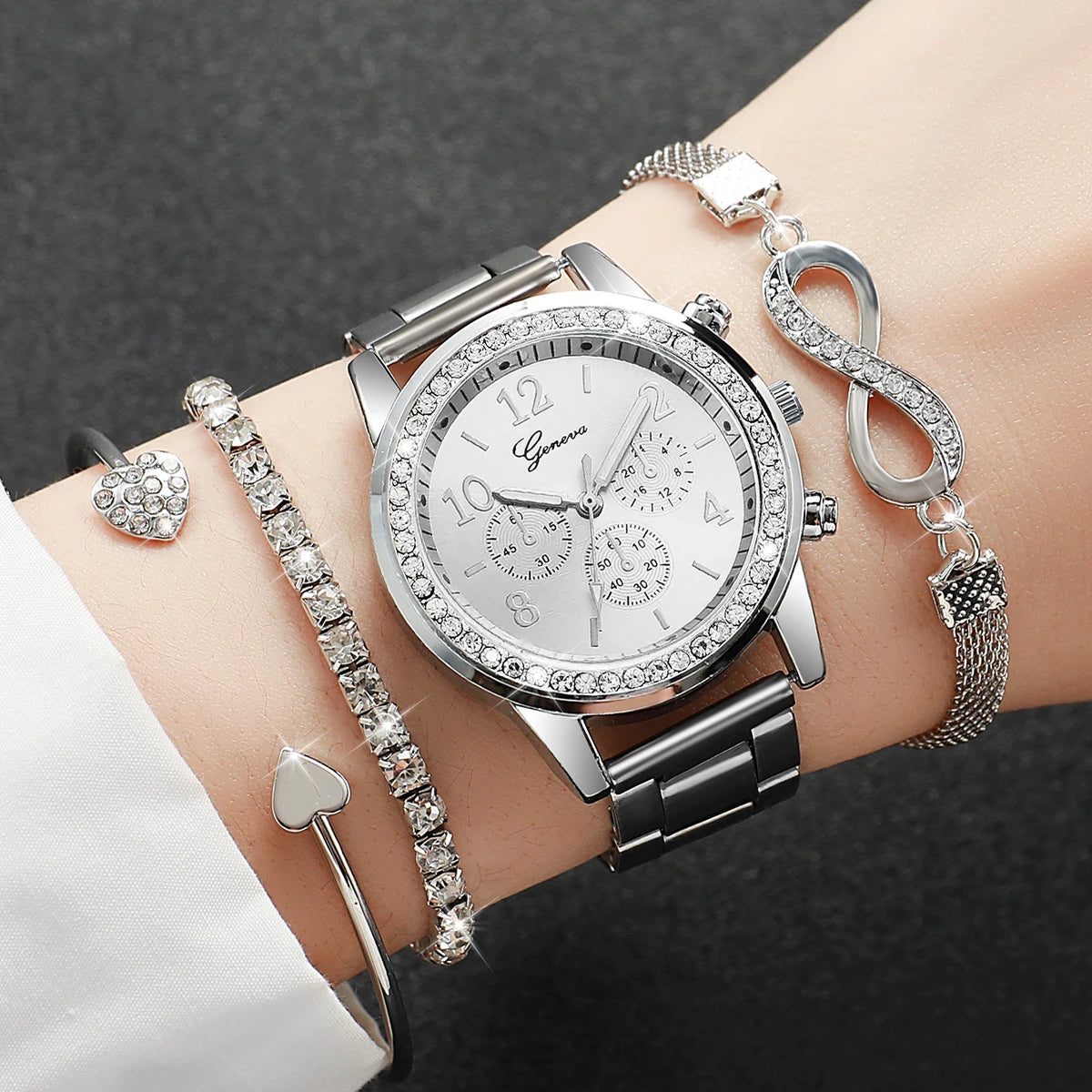 Elegant Ladies Quartz Watch Set - Luxury Rhinestone Steel Band