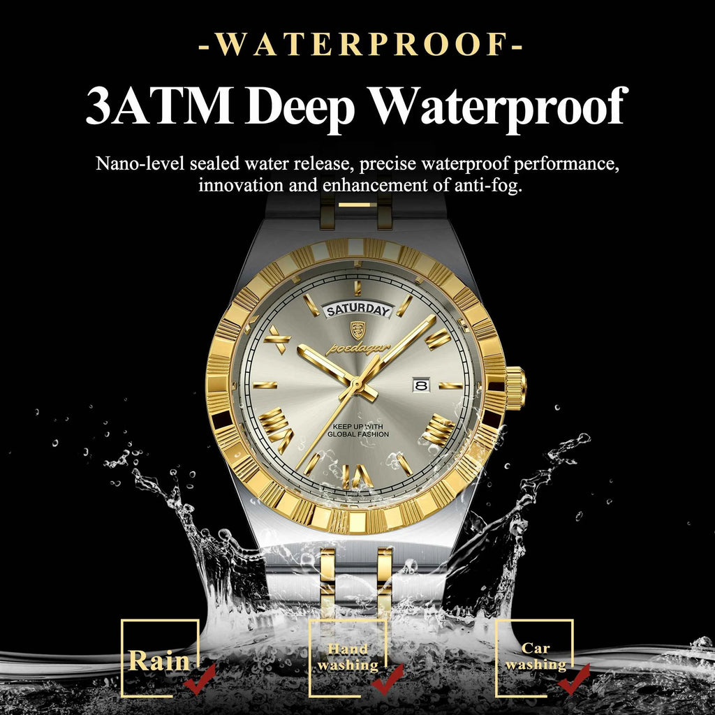 POEDAGAR Fashion Business Men's Watch Luminous Waterproof Week Date Luxury Man Wristwatch Stainless Steel Quartz Watches For Men