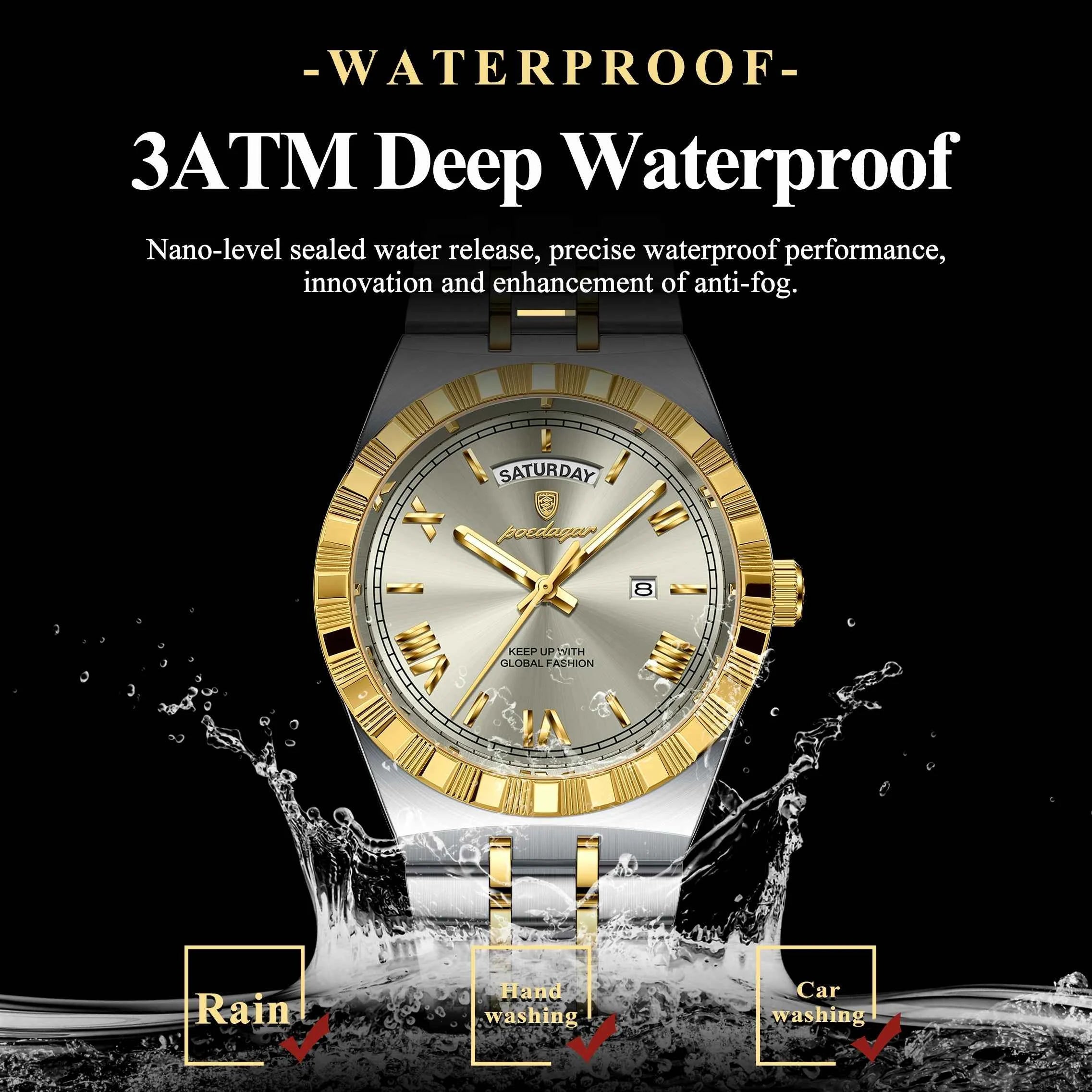 POEDAGAR Fashion Business Men's Watch Luminous Waterproof Week Date Luxury Man Wristwatch Stainless Steel Quartz Watches For Men
