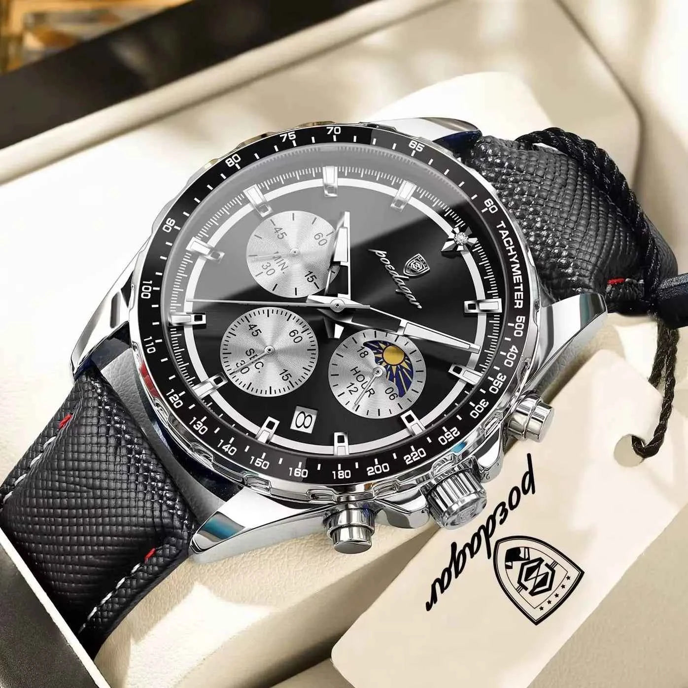 POEDAGAR Fashion Men's Watches High Quality Luminous Waterproof Male Wristwatch Leather Chronograph Date Sports Quartz Men Clock