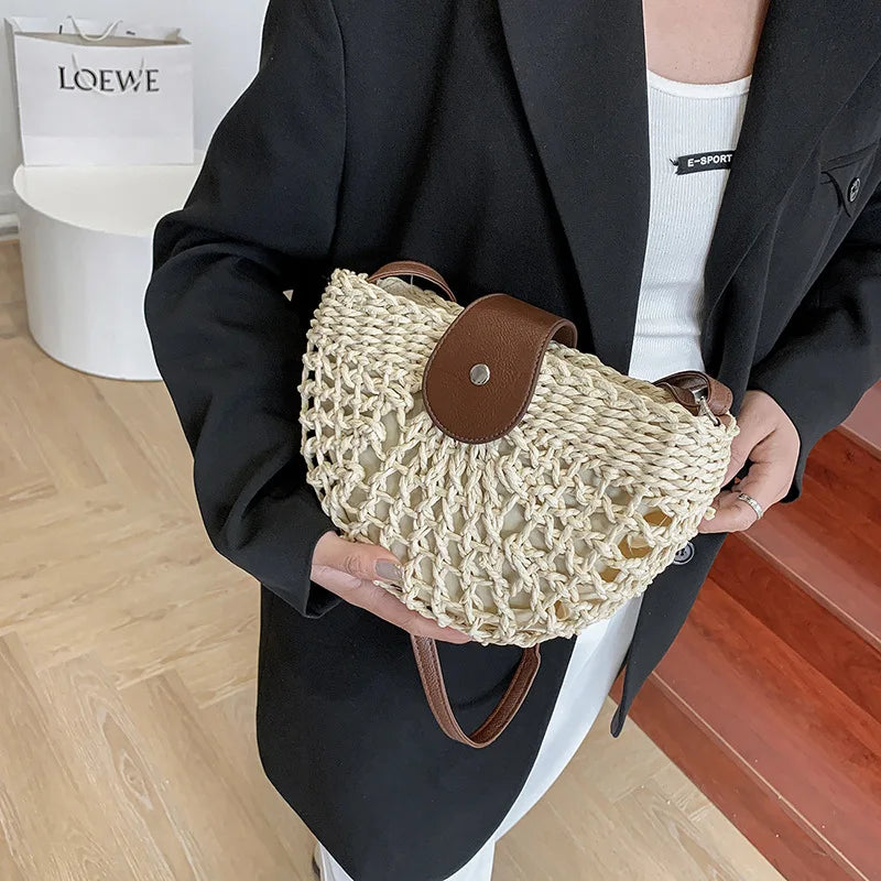Elegant Straw Semicircle Bag - Chic Summer Crossbody