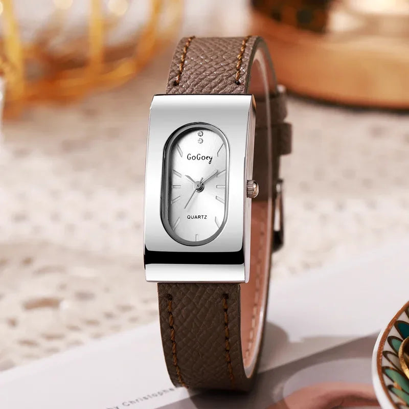 Elegant Ladies Rectangular Quartz Watch - Leather Strap