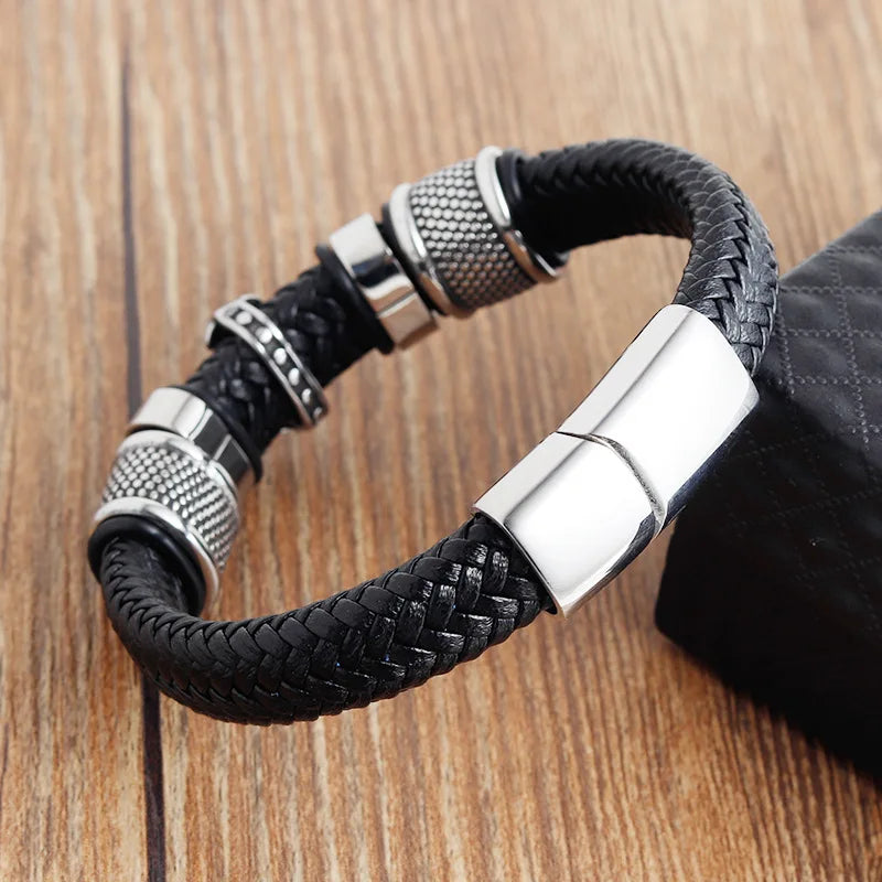 Luxury Men's Titanium Steel Bracelet - Vintage Leather Braided