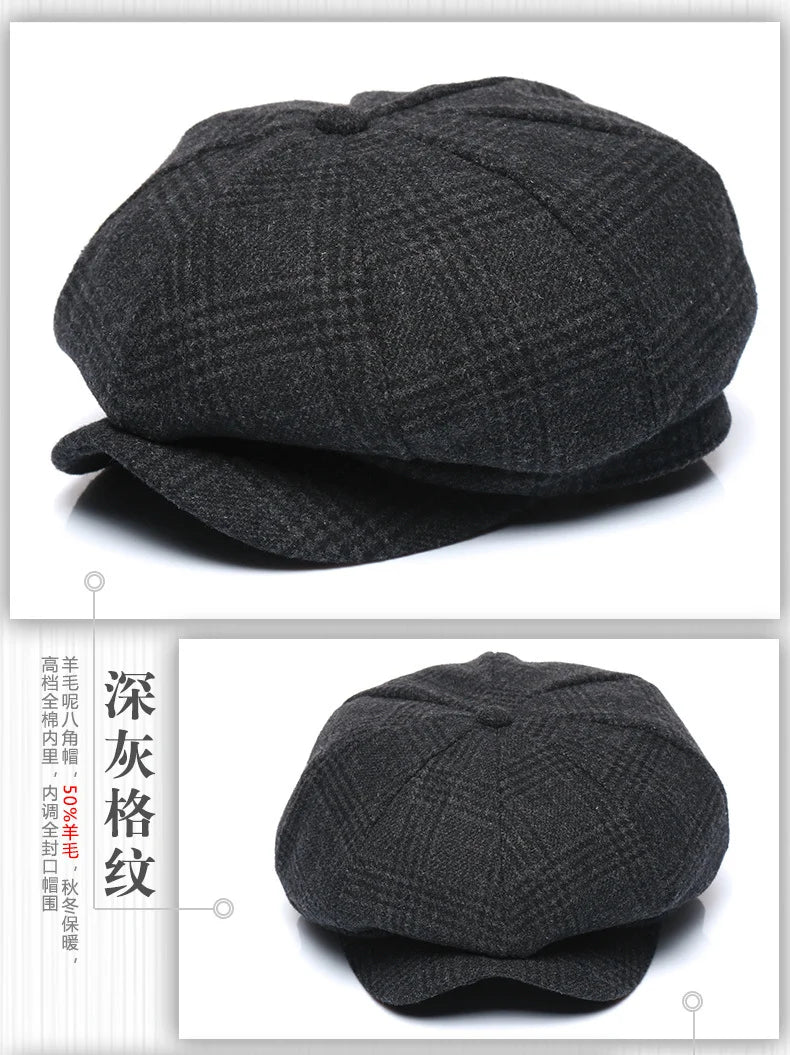 Premium Winter Wool Cap - Thickened Tweed Newsboy Style