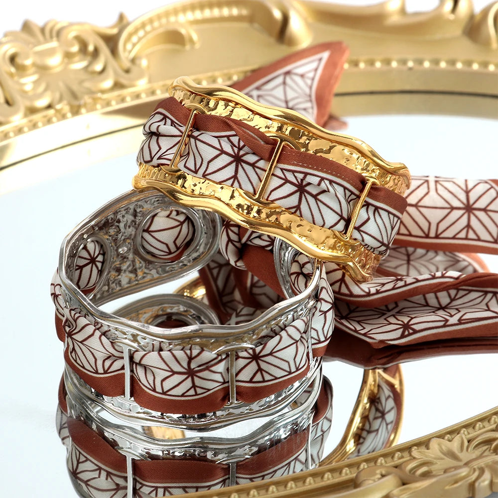 Elegant Silk Cuff Bracelet - Gold & Silver Retro Design