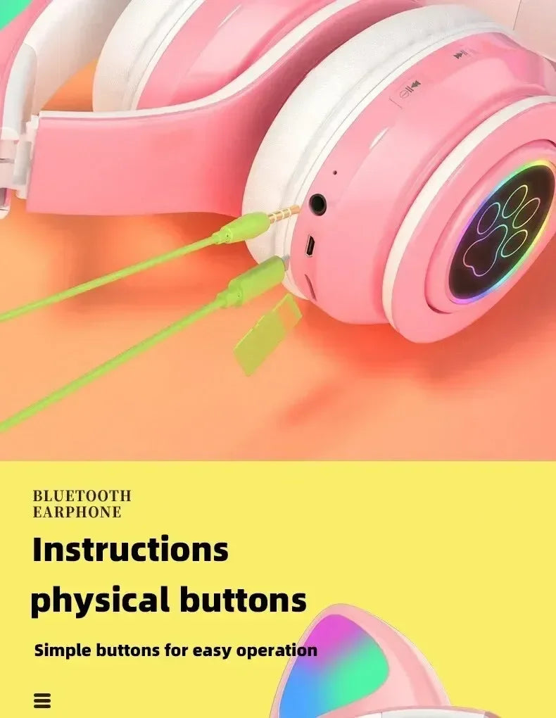 Premium Cat Ear Bluetooth Headphones - LED Stereo & Mic