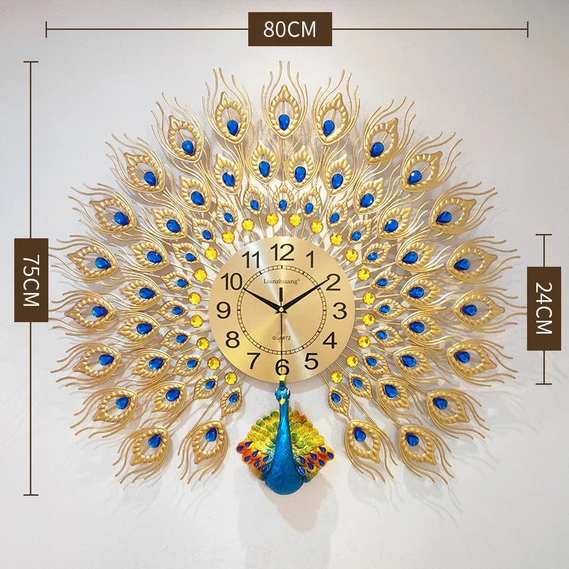 Elegant Vintage Metal Wall Clock - Large Peacock Design