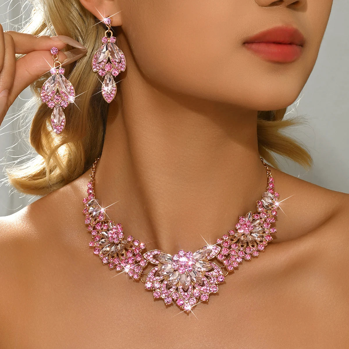 Luxury Purple Crystal Jewelry Set - Gold Rhinestone Necklace & Earrings