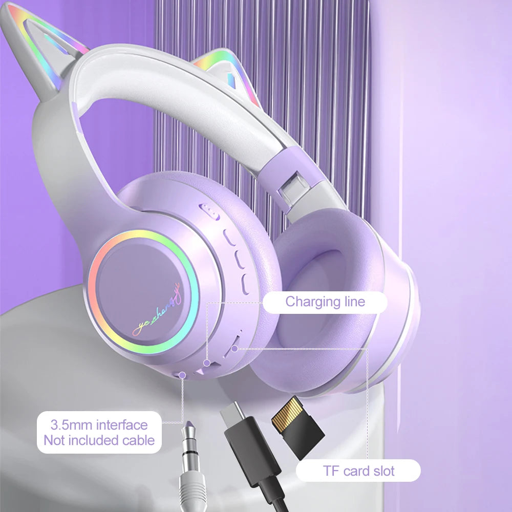 Premium RGB Cat Ear Headphones - Wireless Bluetooth 5.3 & Mic