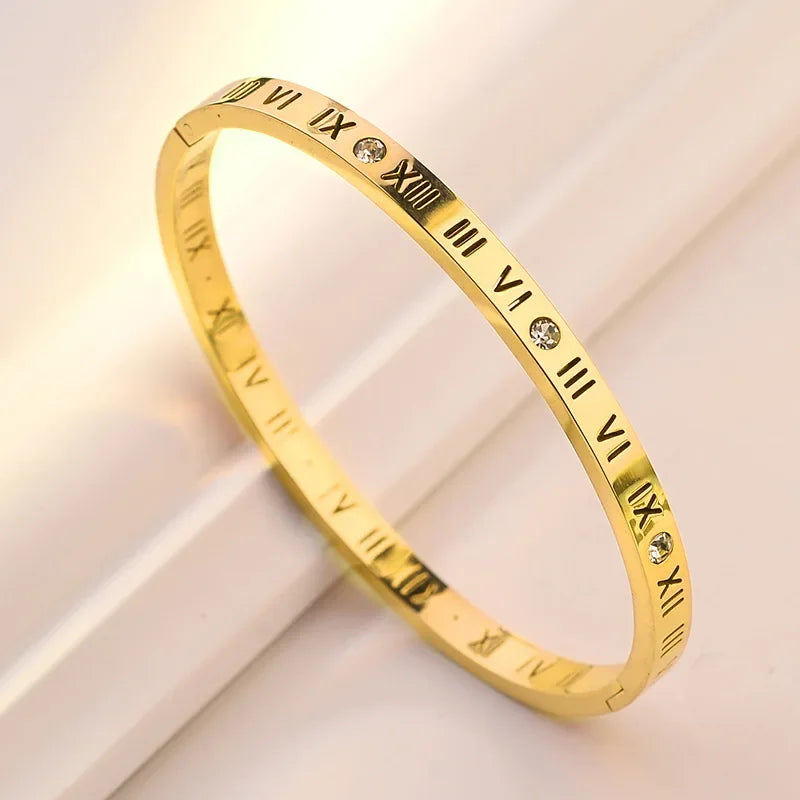 Luxury Roman Numerals Bracelet - Rose gold stainless steel bangle for women