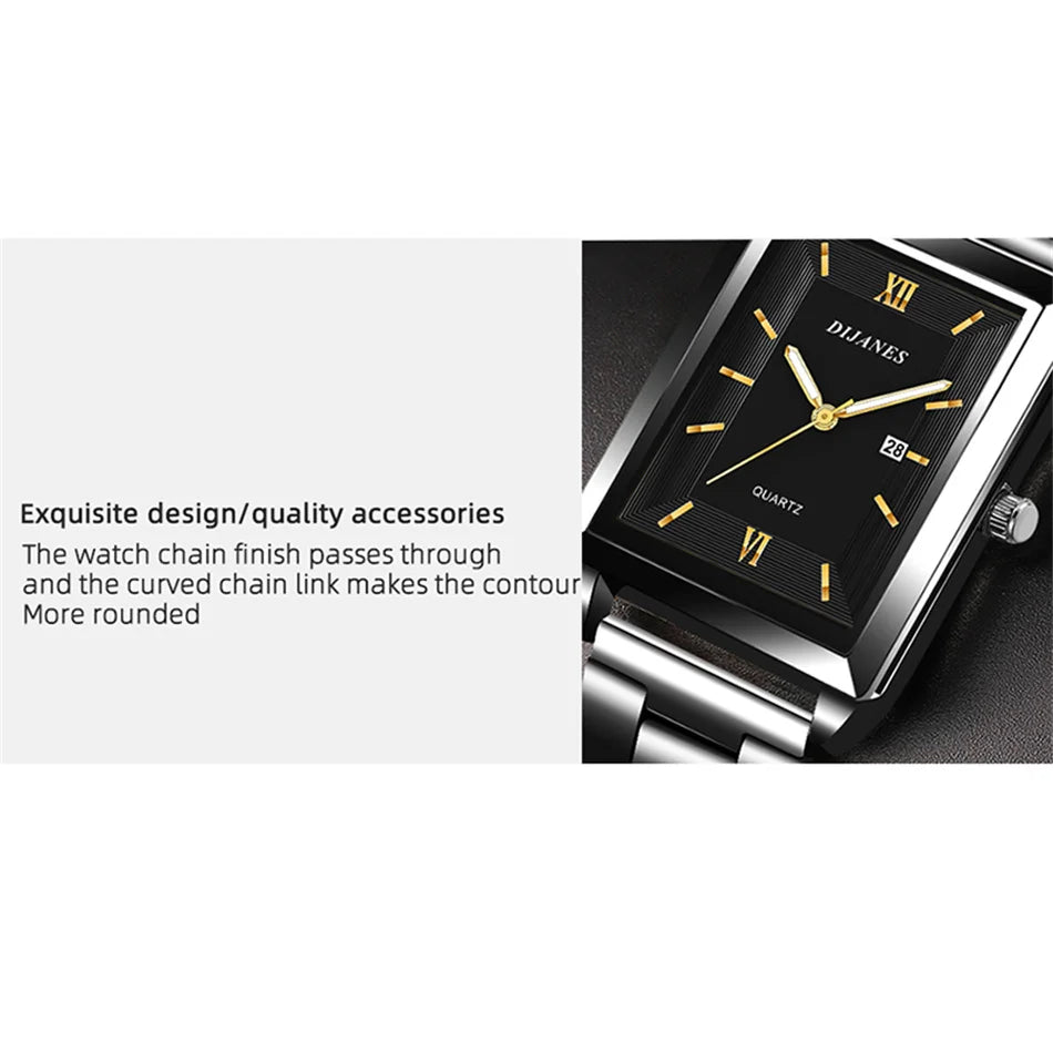 Elegant Men's Rectangle Watch - Stainless Steel Quartz