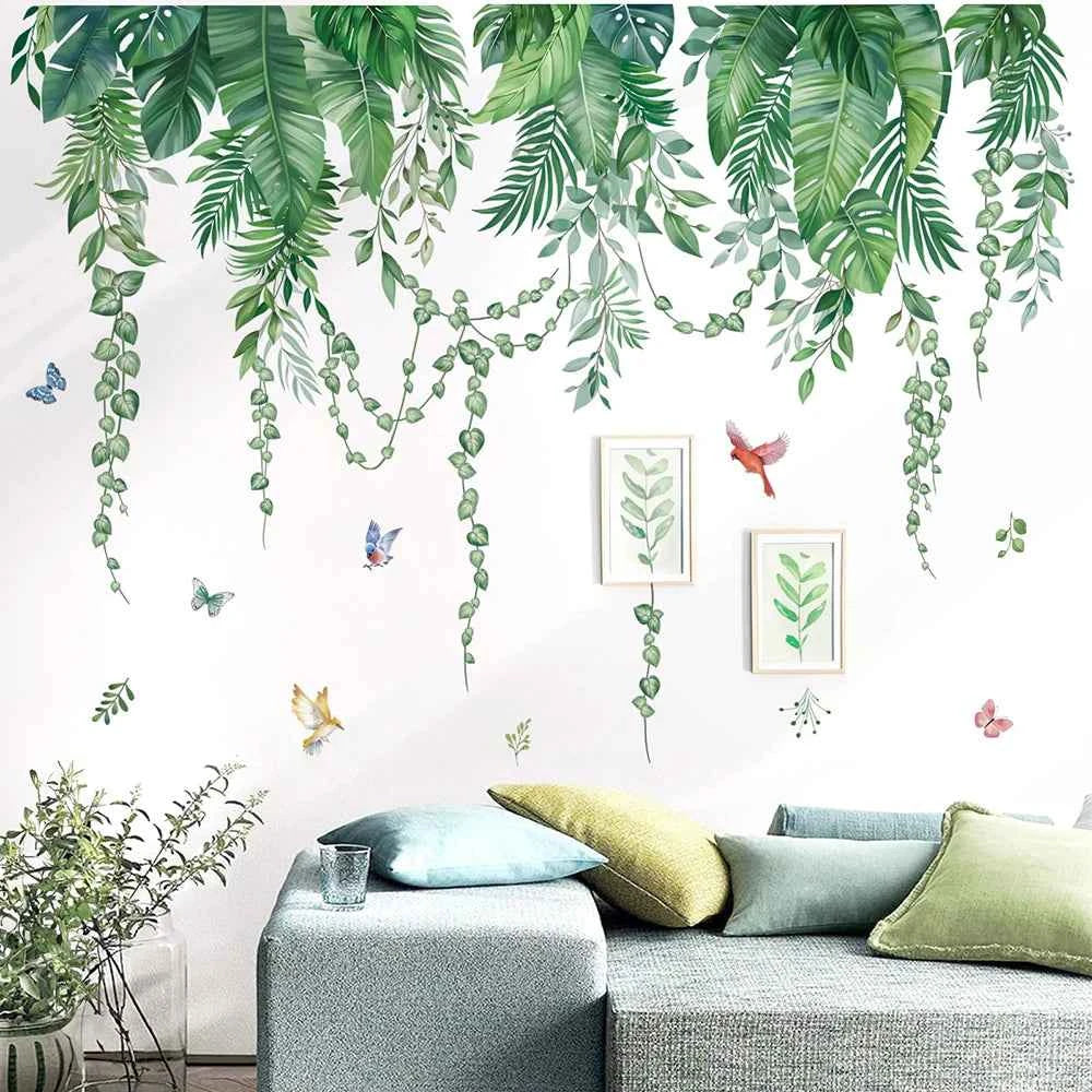 Green Tropical Leaves Wall Stickers - Removable PVC Palm Leaf Vine Decals for Bedroom & Living Room Decor - Tulique