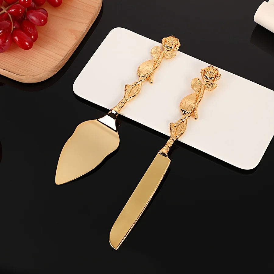 Elegant Rose Handle Luxury Cake Serving Set - 2pcs Golden