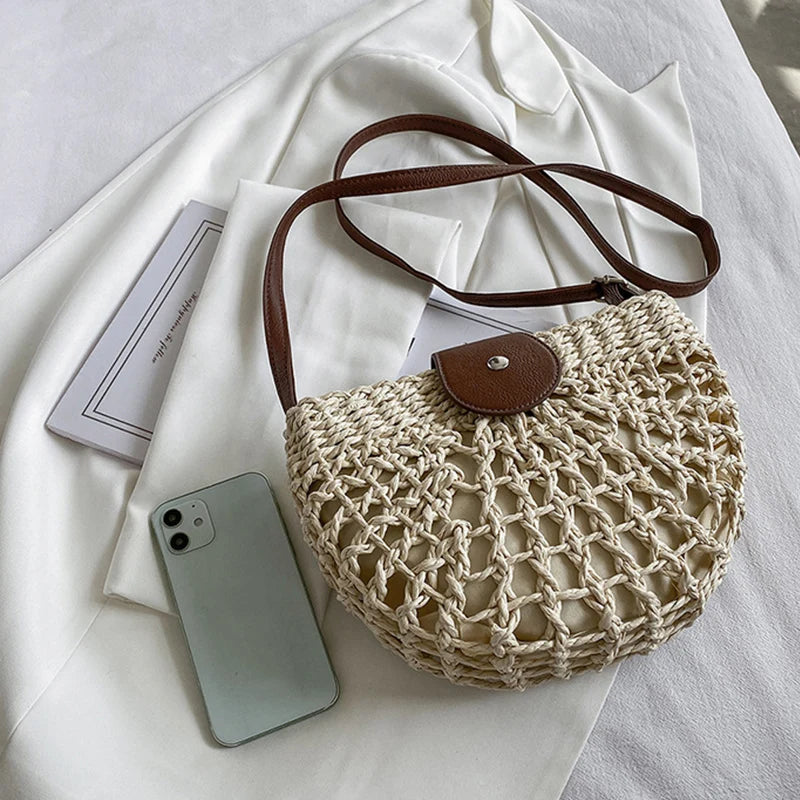 Elegant Straw Semicircle Bag - Chic Summer Crossbody