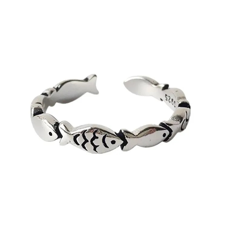 Exquisite Sterling Silver Fish Ring - Adjustable Open Band